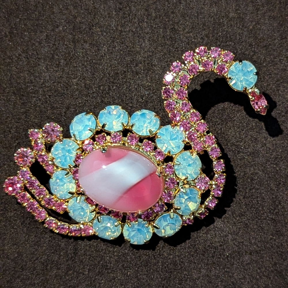 Elegant Pink and Blue Swan Brooch